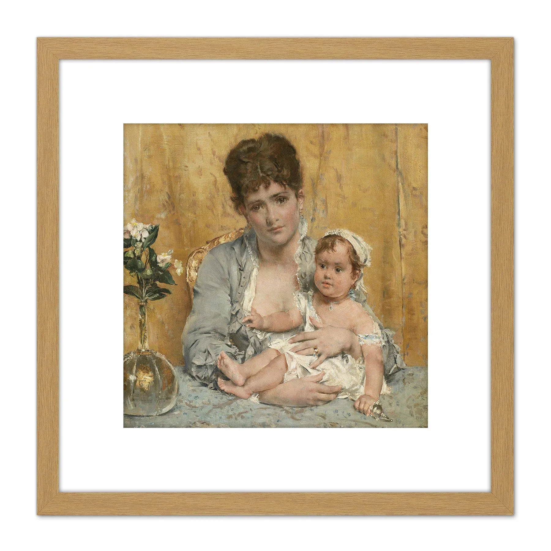 Artery8 Alfred Stevens Mother And Child Painting 8X8 Inch Square Wooden Framed Wall Art Print Picture with Mount