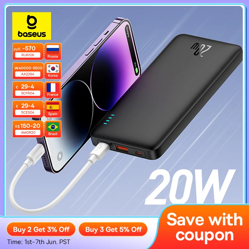 Baseus Airpow 20W Power Bank 10000mAh 20000mAh Fast Charge Powerbank for iPhone 15/14/13/12 Xiaomi