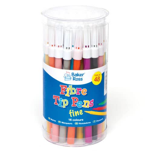 Baker Ross Colouring Pens - 48 Felt Tip Pens for drawing, writing and colouring. Water-based ink in 16 assorted vibrant colours. Fine 2mm tip.