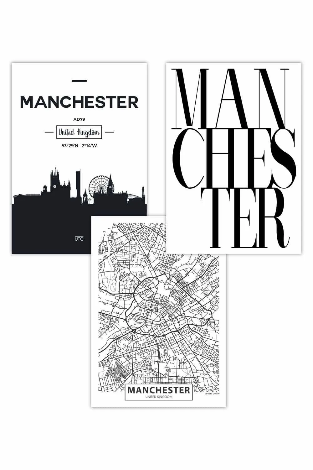 Artze Set Of 3 Manchester Skyline Street Map City Prints Art Posters