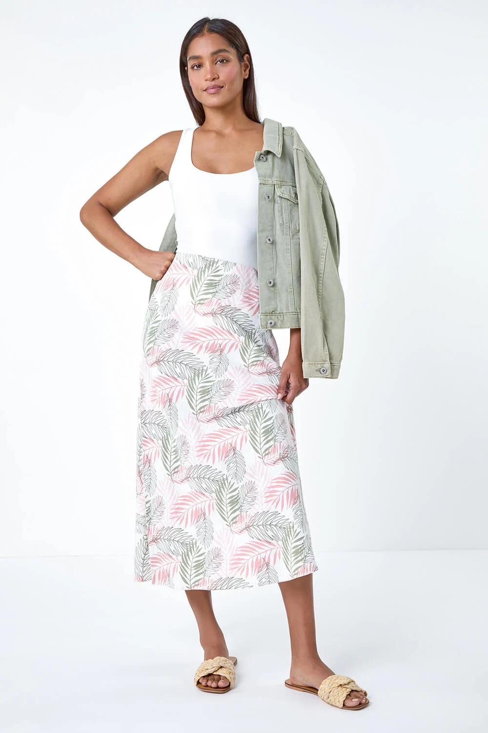  Leaf Print Linen Blend A-Line Skirt in Light Pink
