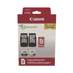 Canon PG-510/CL-511 Inkjet Cartridges + Glossy Photo Paper 50 Sheets