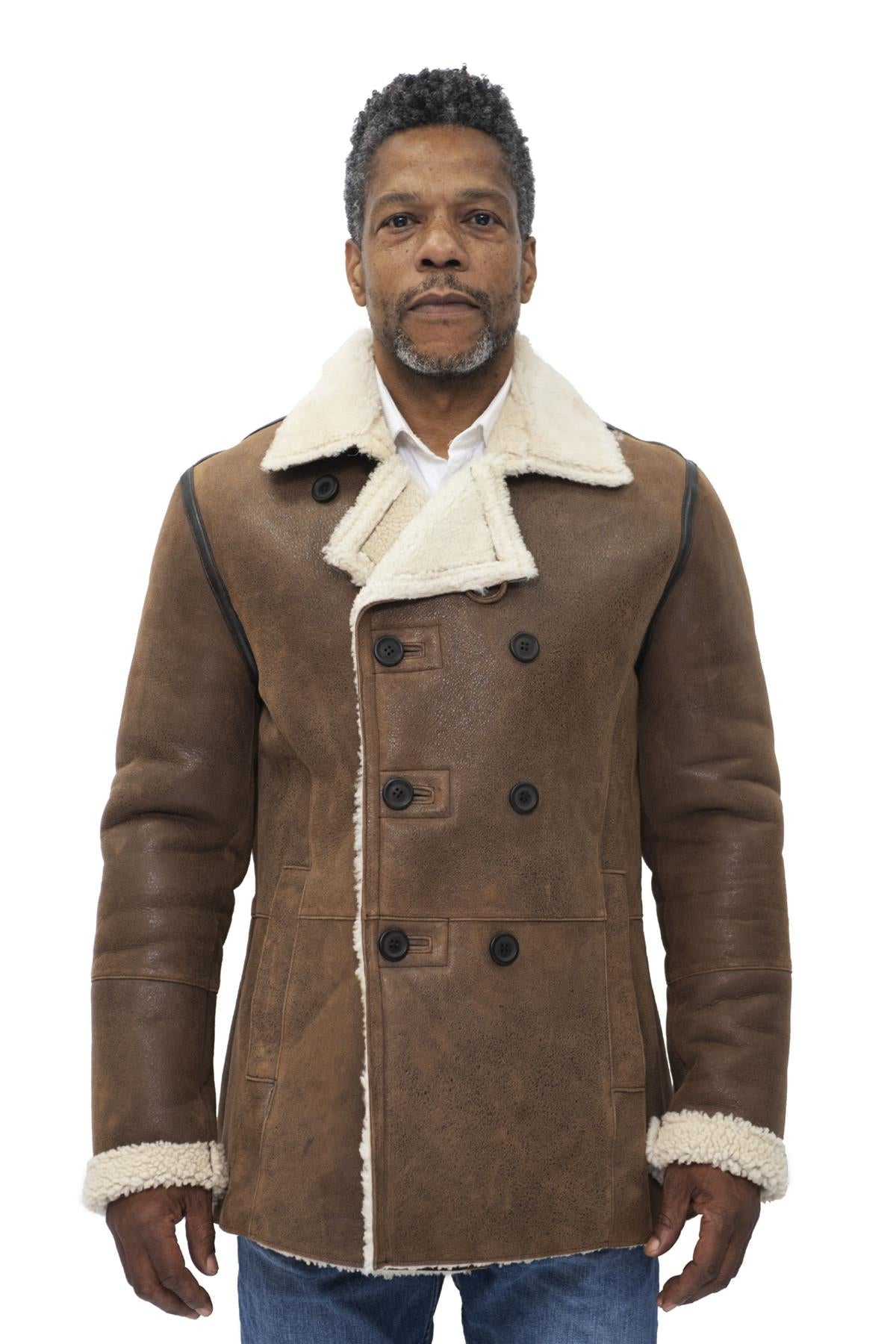 Infinity Leather Mens Double Breasted Shearling Sheepskin Pea Coat-Valencia - Tan - Size Small