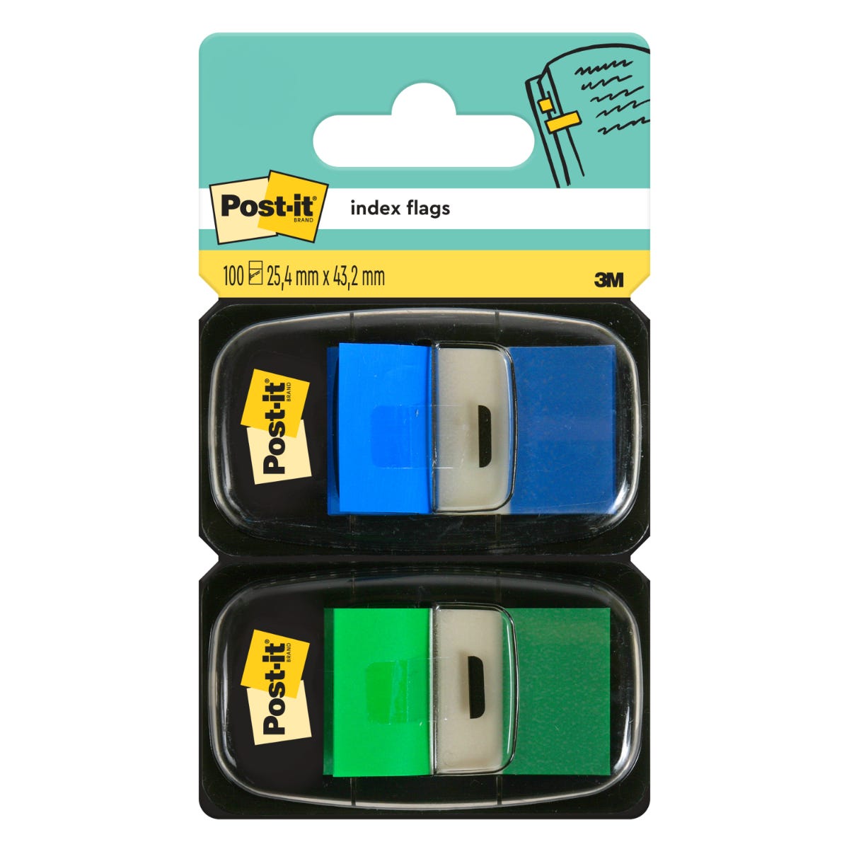 Post-it Index Flags 1680 Blue, Green Plain Not perforated Special format 2 Packs of 50 Strips