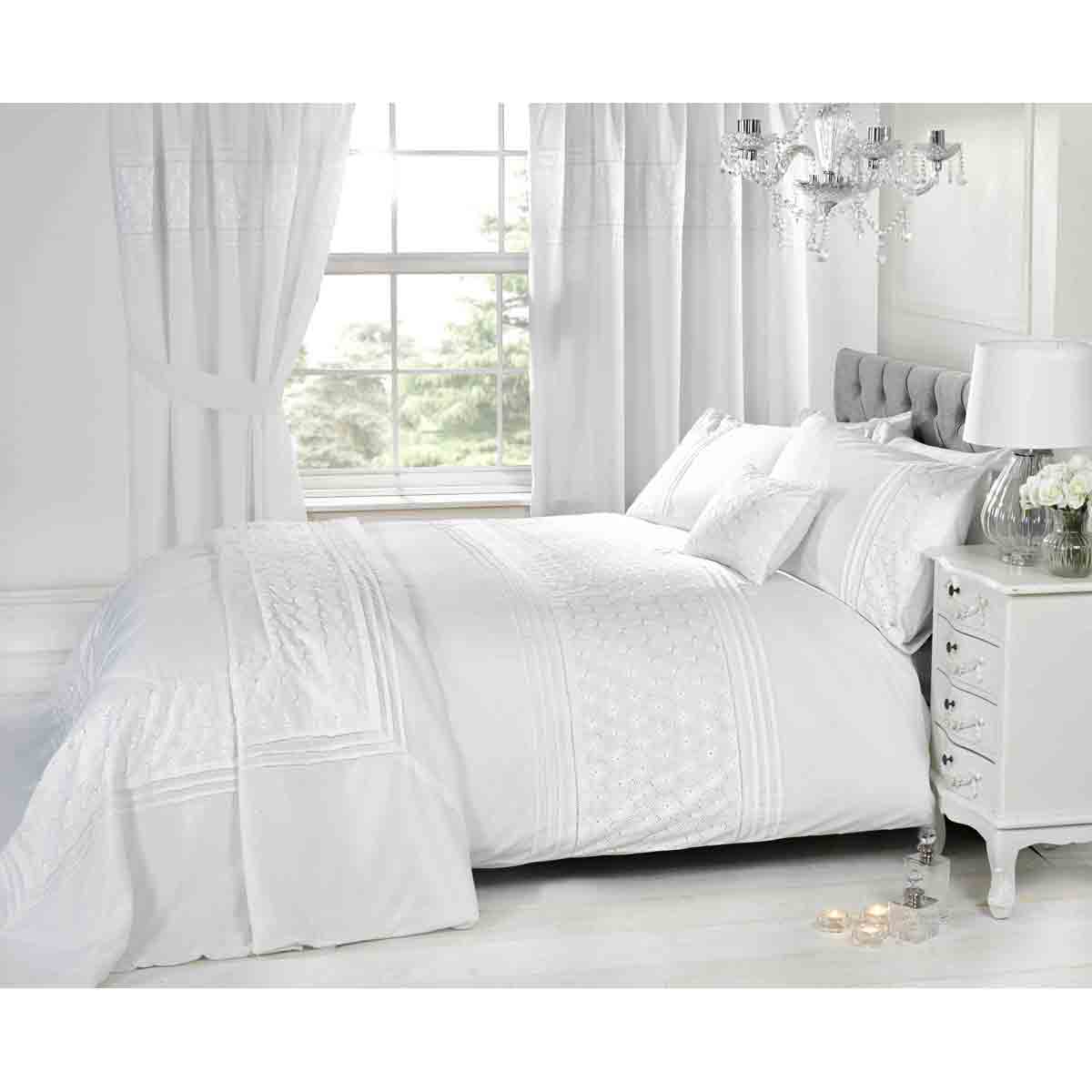 Everdean Lace Pin-Tuck White Duvet Cover Set - Super King
