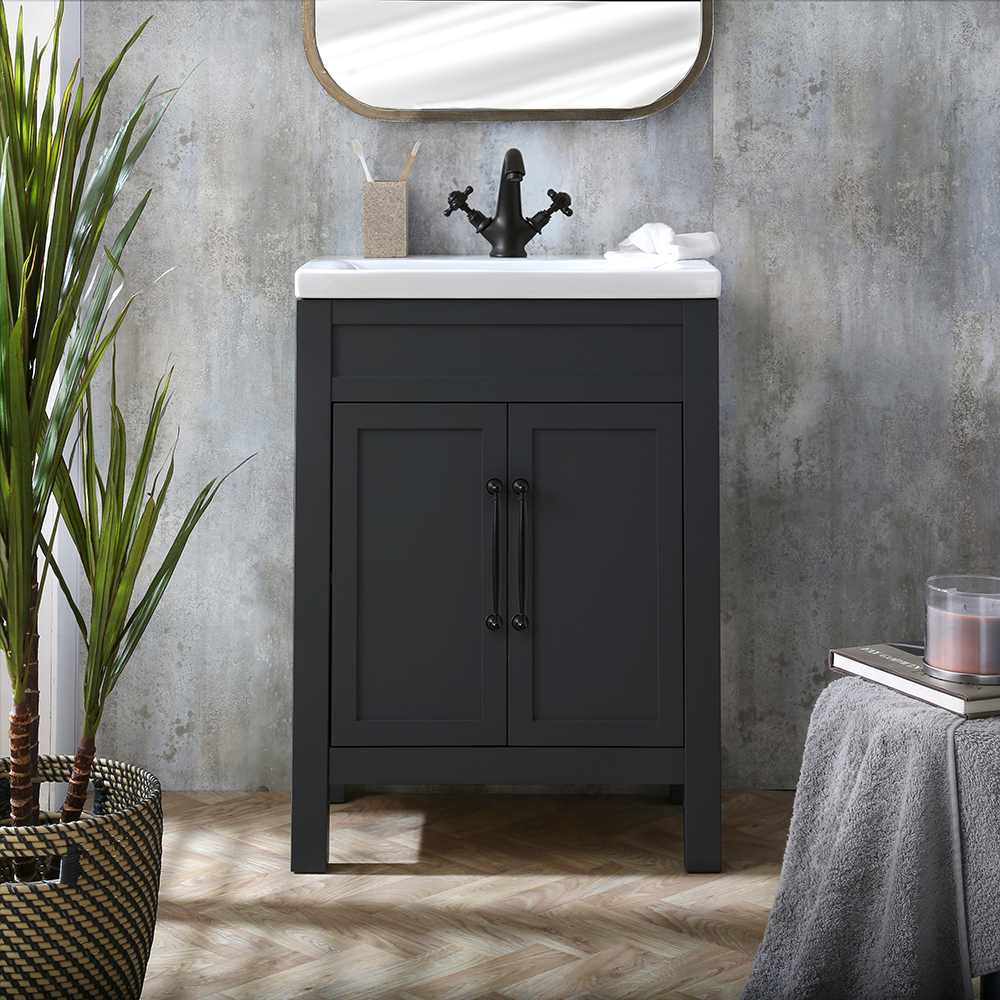 HudsonReed Milano Aston - Black Grey 600mm Traditional Vanity Unit with Basin and Black Classic T-Bar Handles