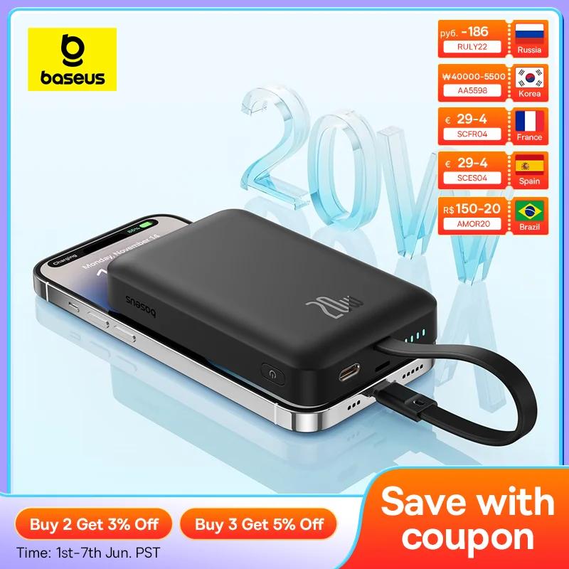 Baseus Magnetic Power Bank 10000mah Magnetic Wireless Charging PD 20W Fast Charging with Cable for