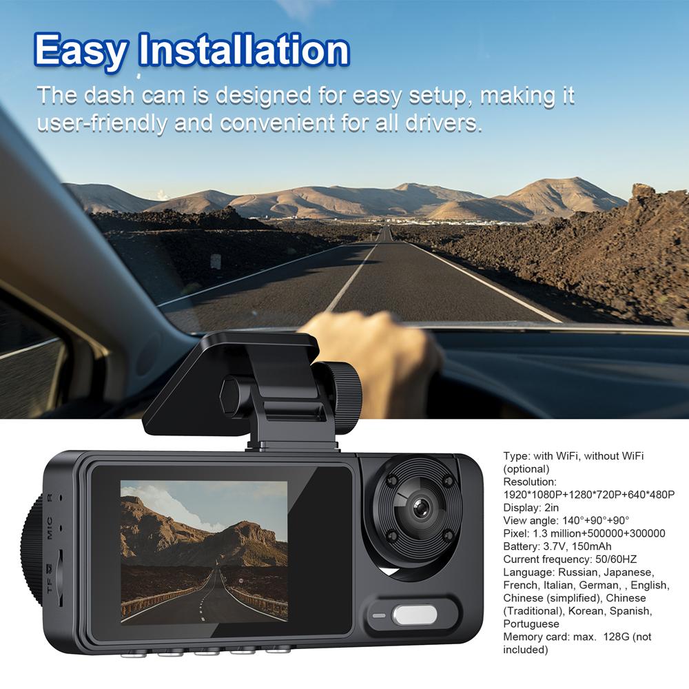 VehicleKit 3 Cameras Dash Cam Multi-Language Clear Car Rearview Mirror Car Video Recording Camcorder Wide black