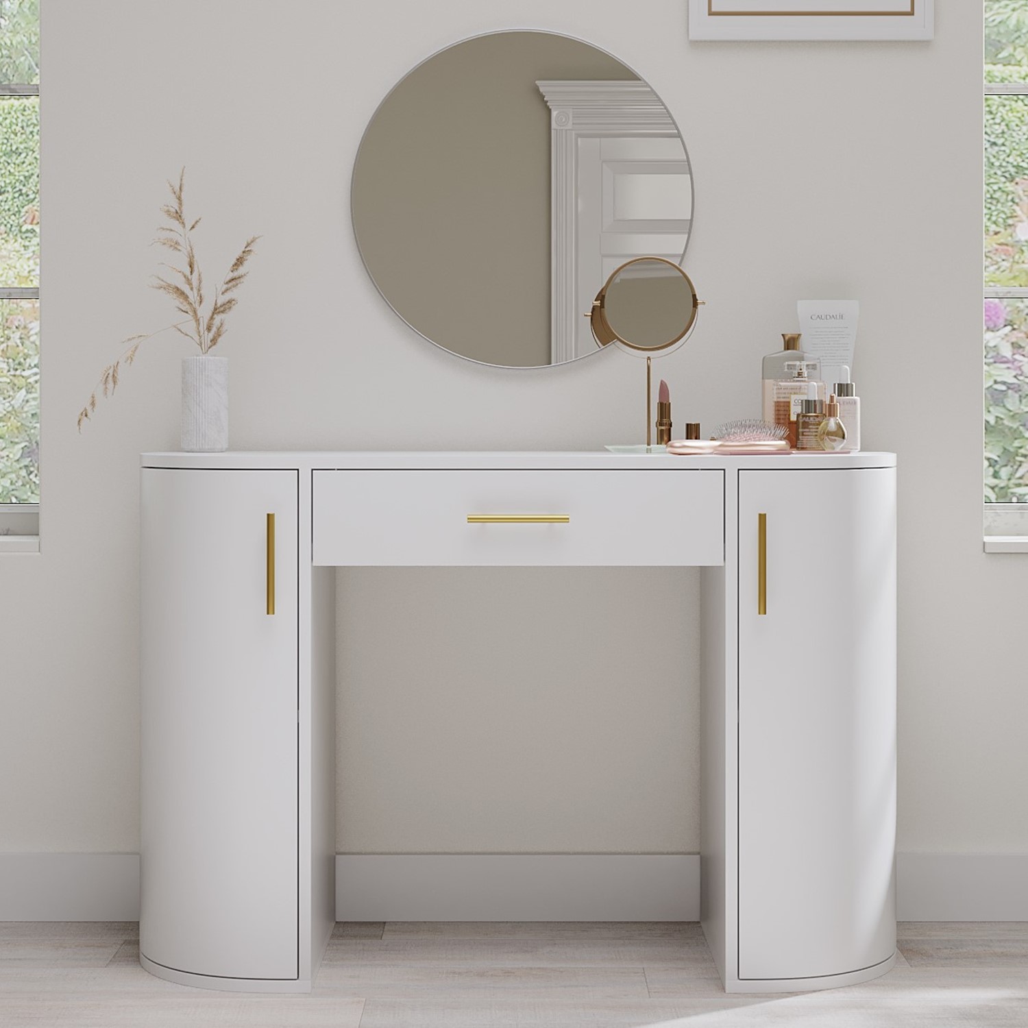 LILY White and Gold Large Dressing Table with Storage Drawer and Shelves -
