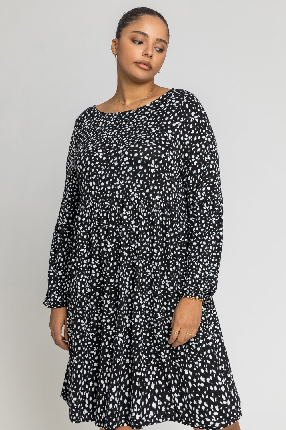 Roman Originals Curve Spot Print Smock Dress in Black