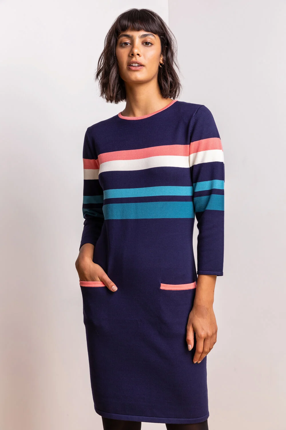 Roman Originals Contrast Stripe Print Jumper Dress in Navy