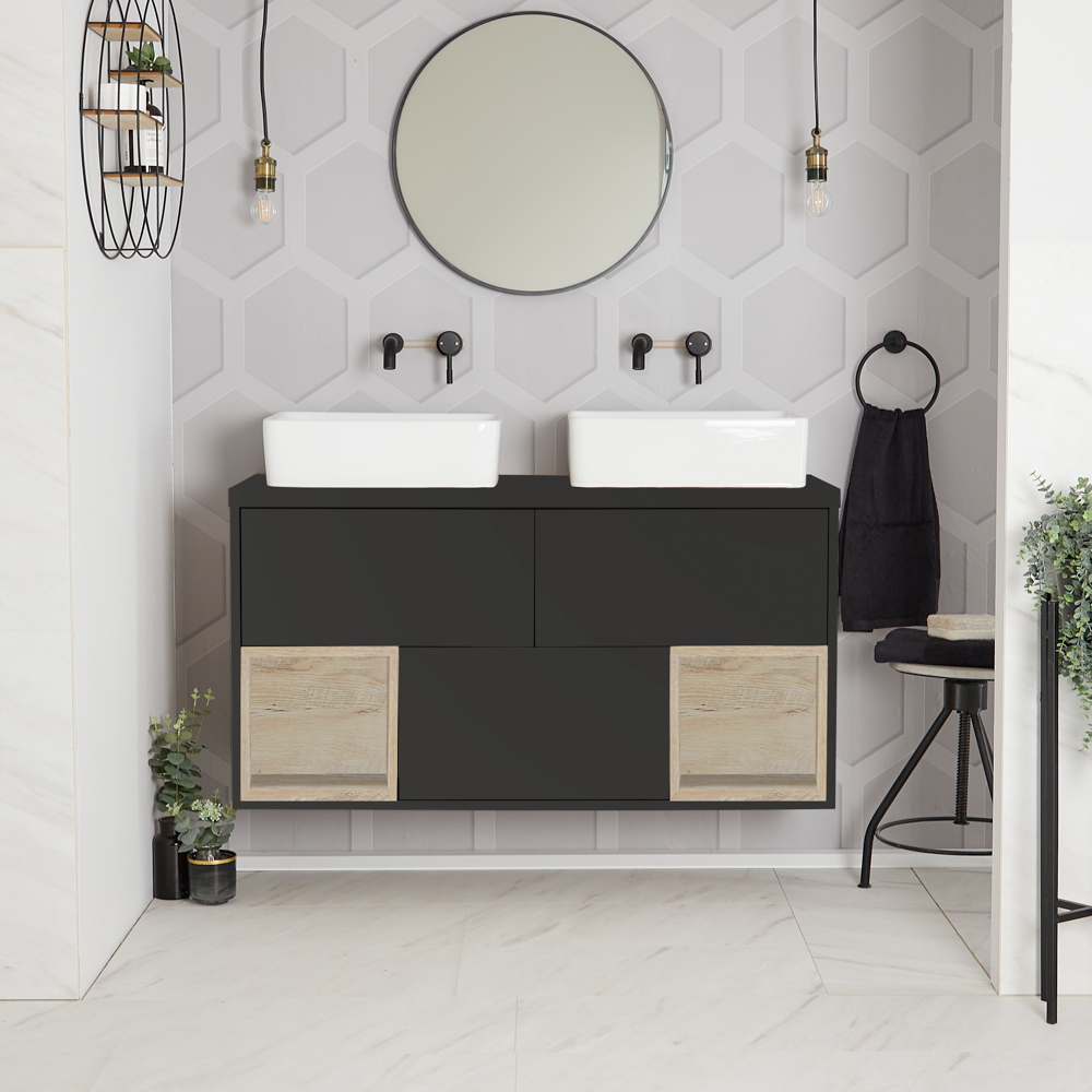HudsonReed Milano Bexley - Black Grey 1200mm Wall Hung Open Shelf Vanity Unit with Rectangular Countertop Basins