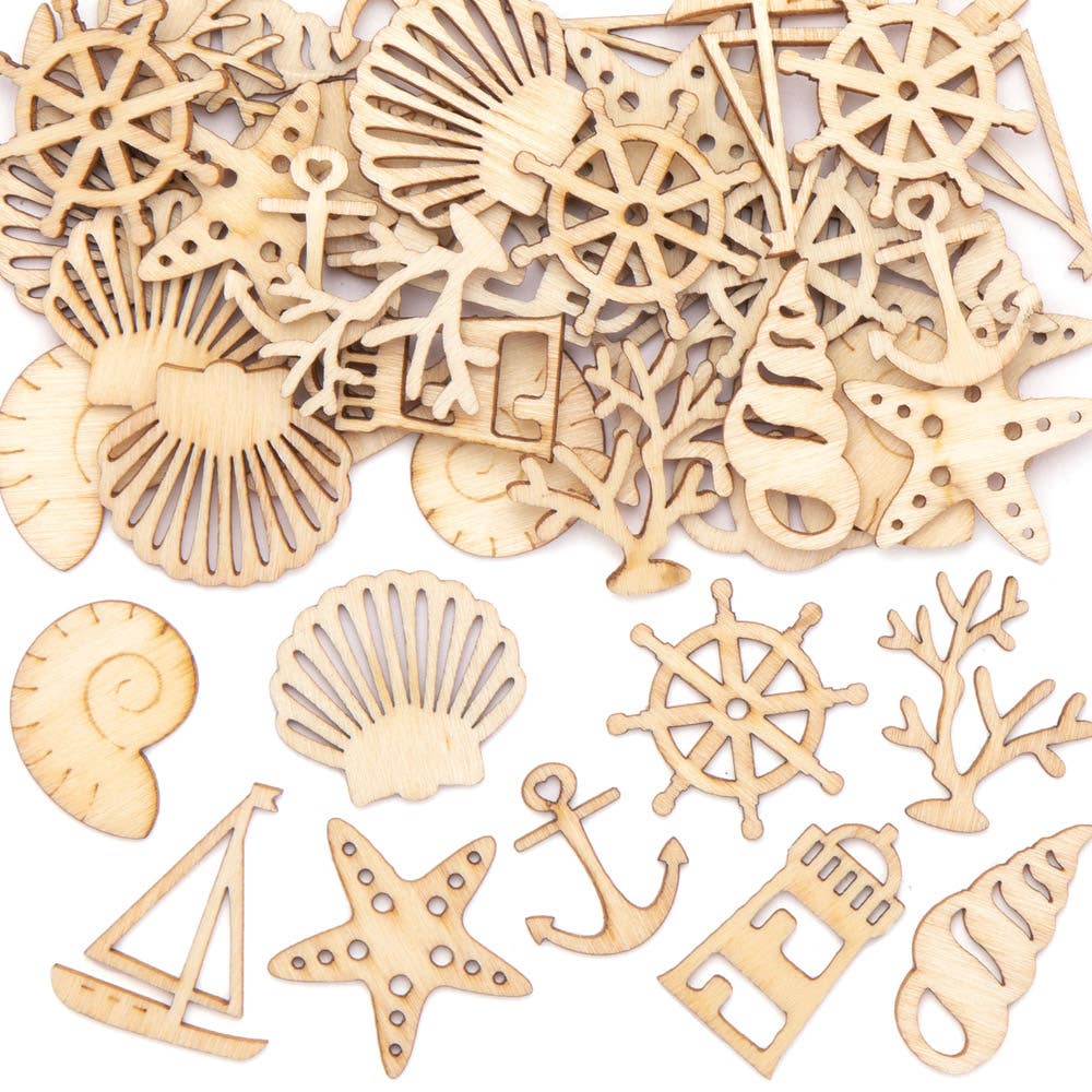 Baker Ross Seaside Wooden Shapes - 45 Laser Cut Wooden Shapes In 8 Designs. Wood Cutout Seaside Shapes For Scrapbooking. Size 1-2.5cm.