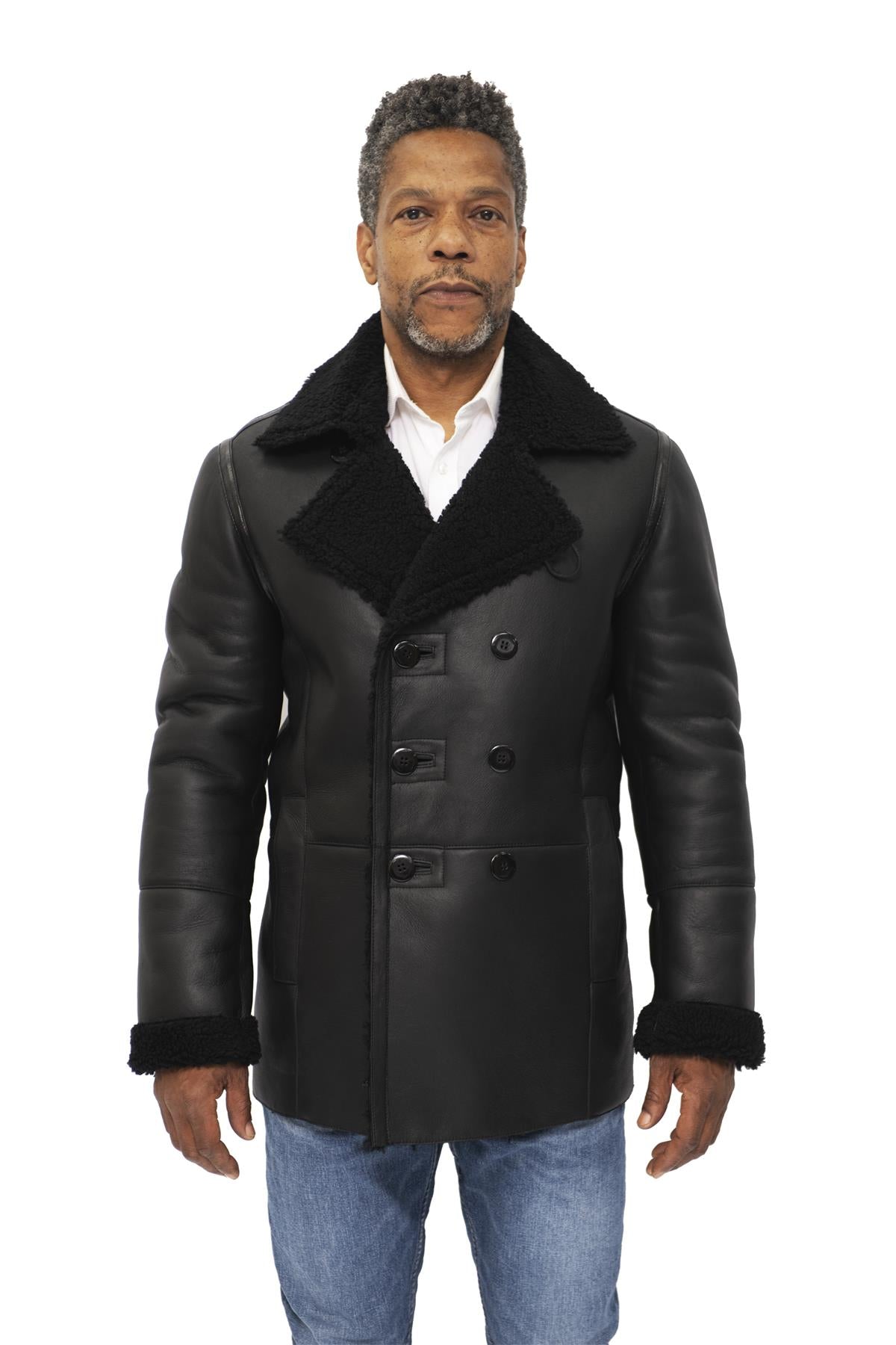 Infinity Leather Mens Double Breasted Shearling Sheepskin Pea Coat-Valencia - Black - Size X-Large