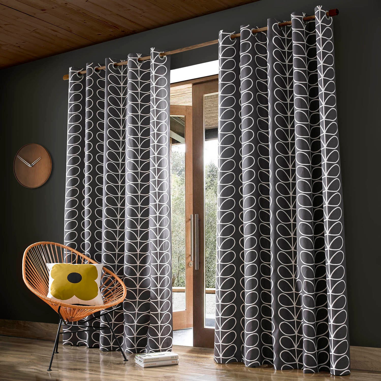 Orla Kiely - Linear Stem Eyelet Curtains - Charcoal - 117x137cm