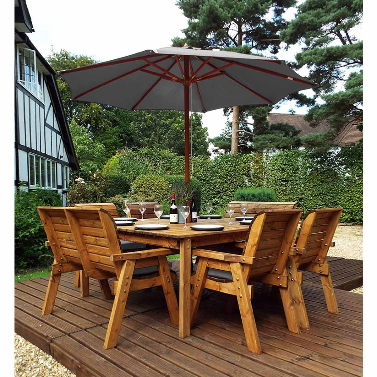 Charles Taylor Eight Seater Square Table Set with Benches and Parasol, Grey