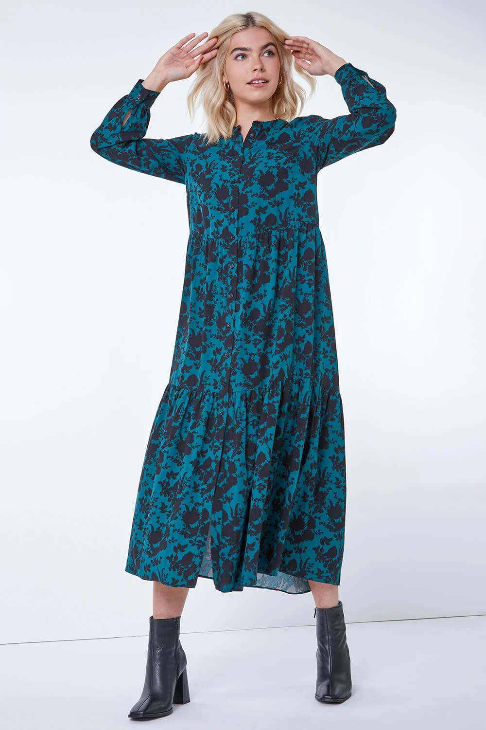 Roman Originals Floral Print Midi Shirt Dress in Teal