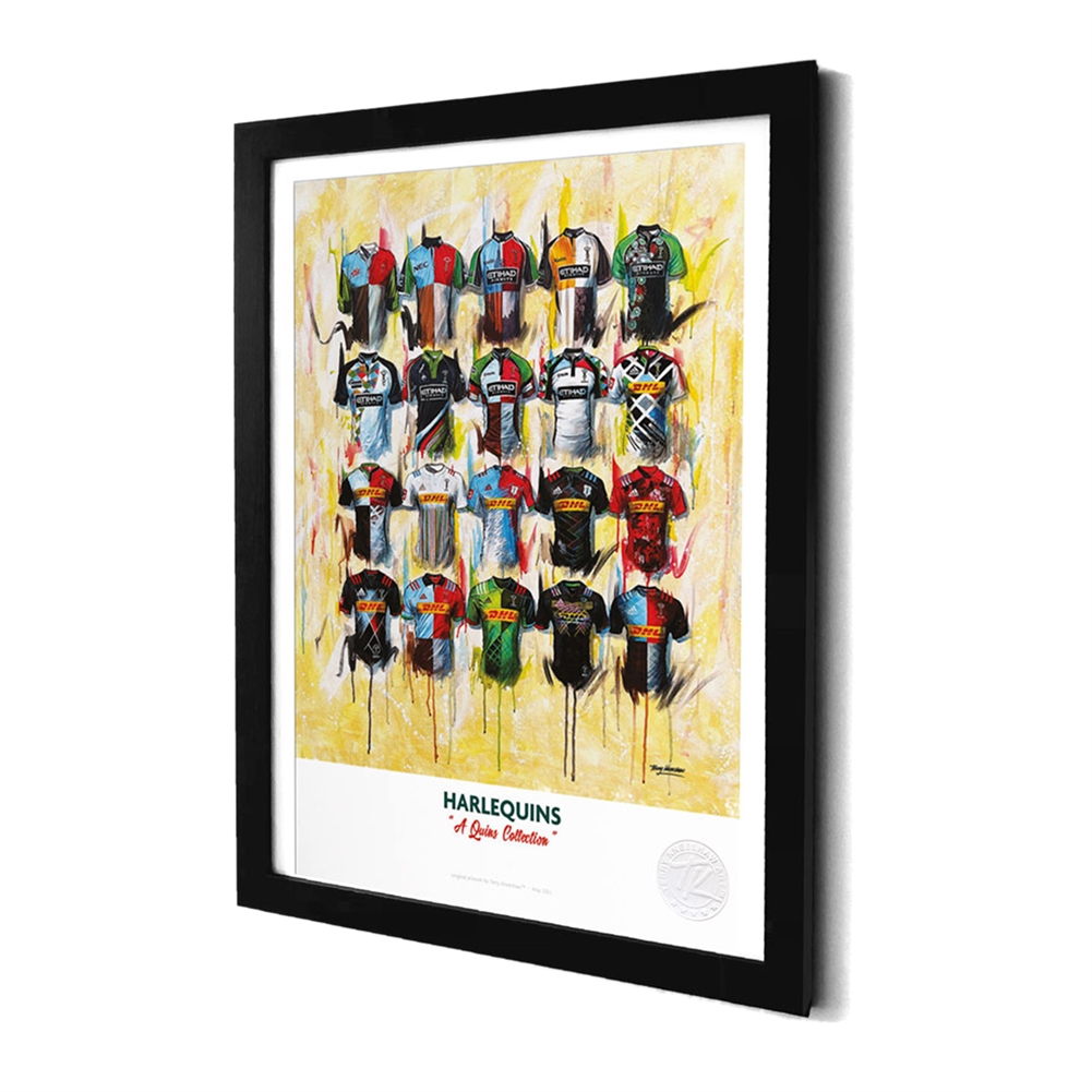 Terry Kneeshaw A3 Framed Rugby Shirt History Prints (Harlequins)