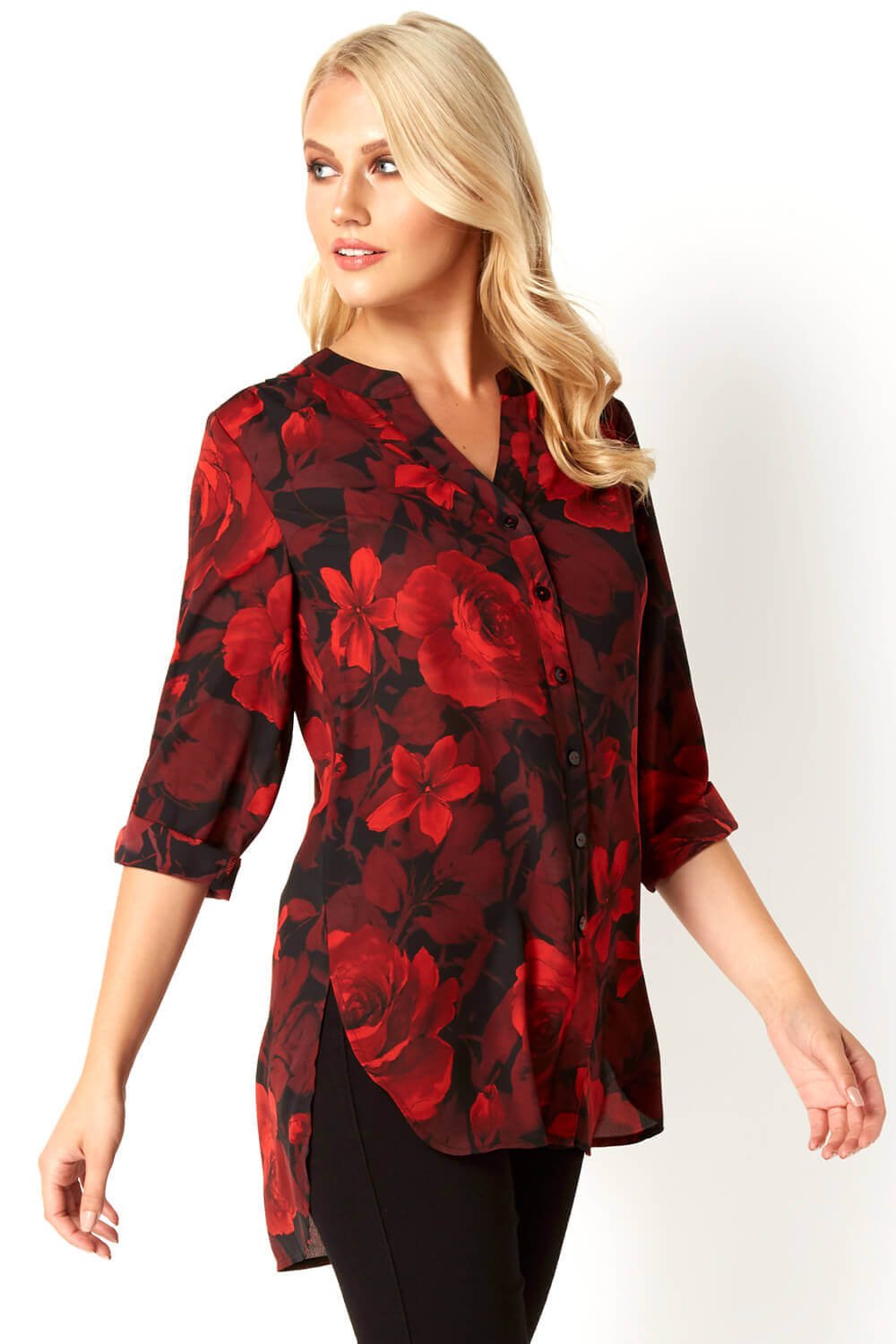  Womens 3/4 Sleeve Rose Print Floral Button Up Blouse - Red - Size 10 UK