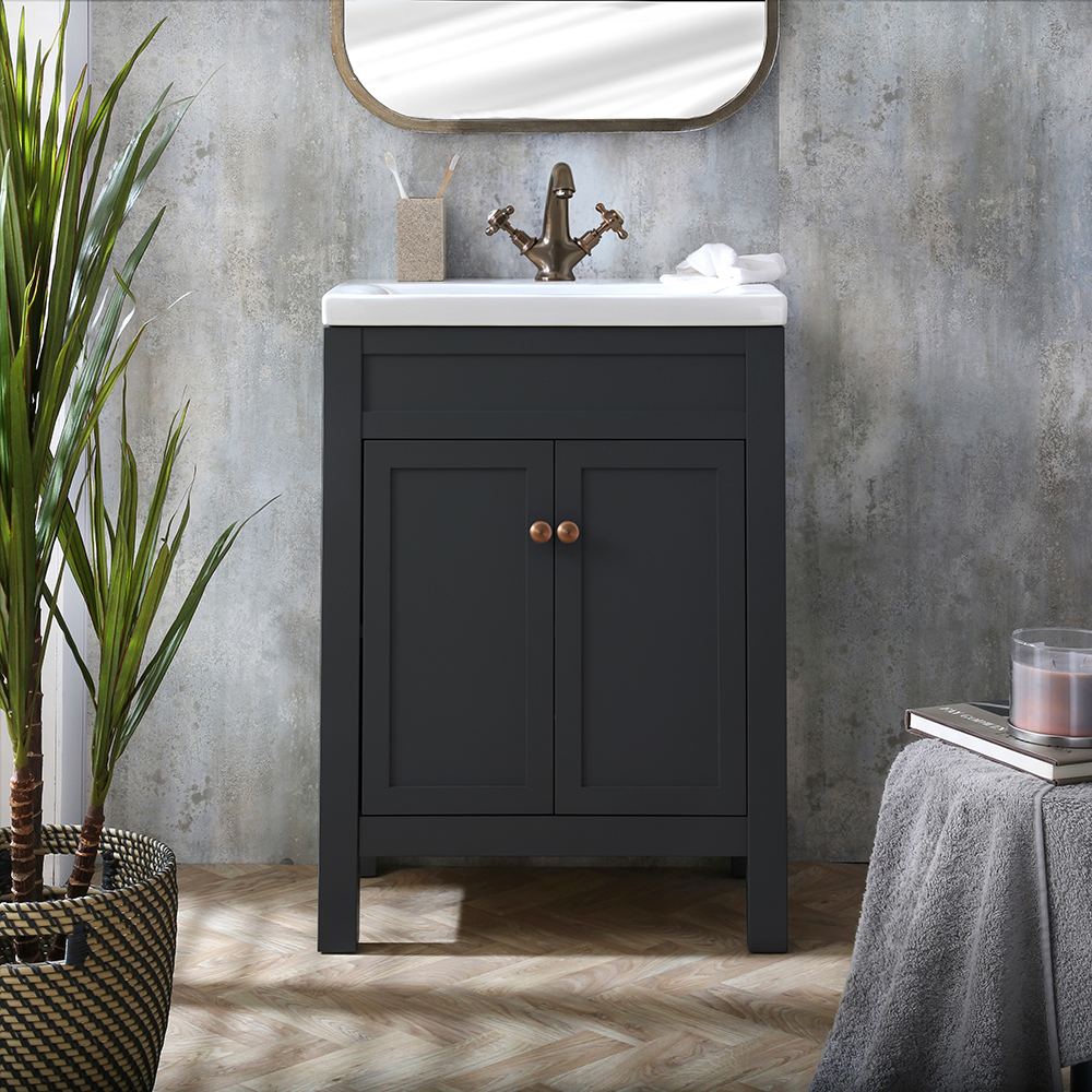 HudsonReed Milano Aston - Black Grey 600mm Traditional Vanity Unit with Basin and Aged Bronze Classic Round Handles
