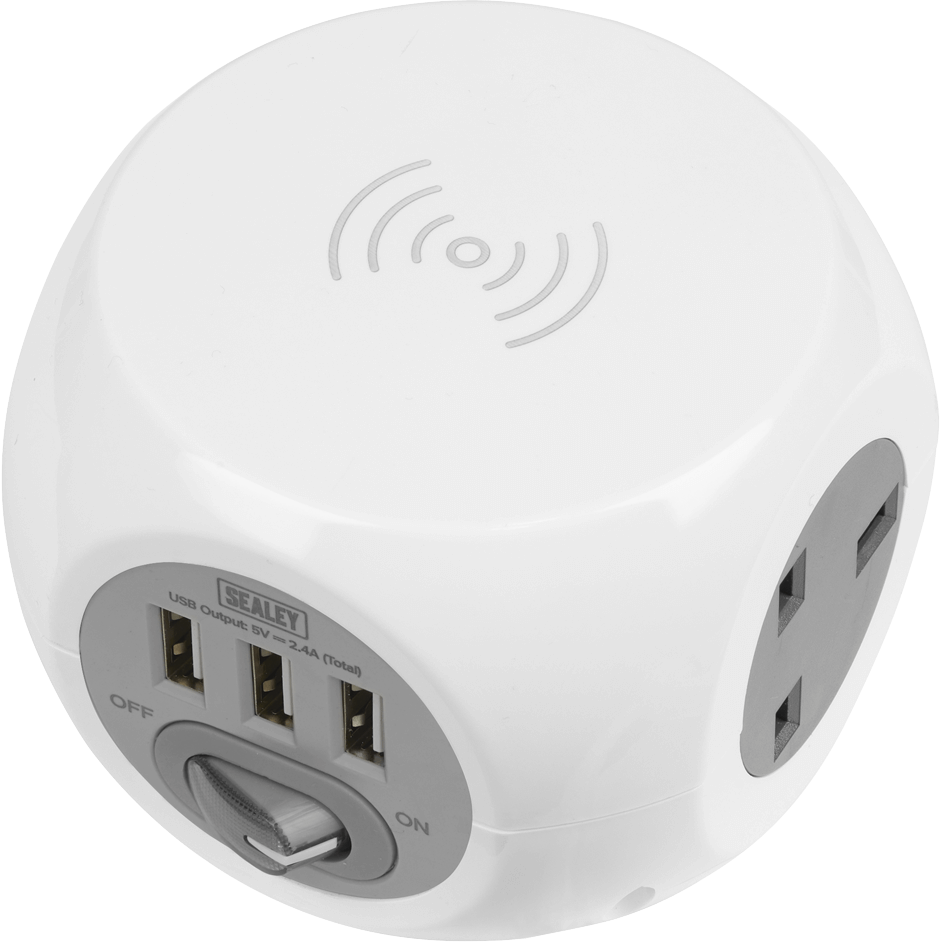 Sealey Extension Cable Cube 1.4M 3 x 230V + 3 x USB Sockets & Wireless Charging