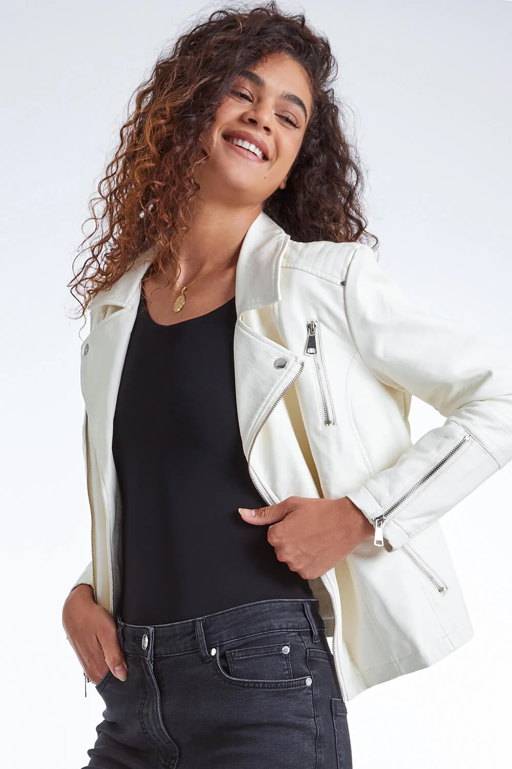 Roman Originals Faux Leather Biker Jacket in Ivory