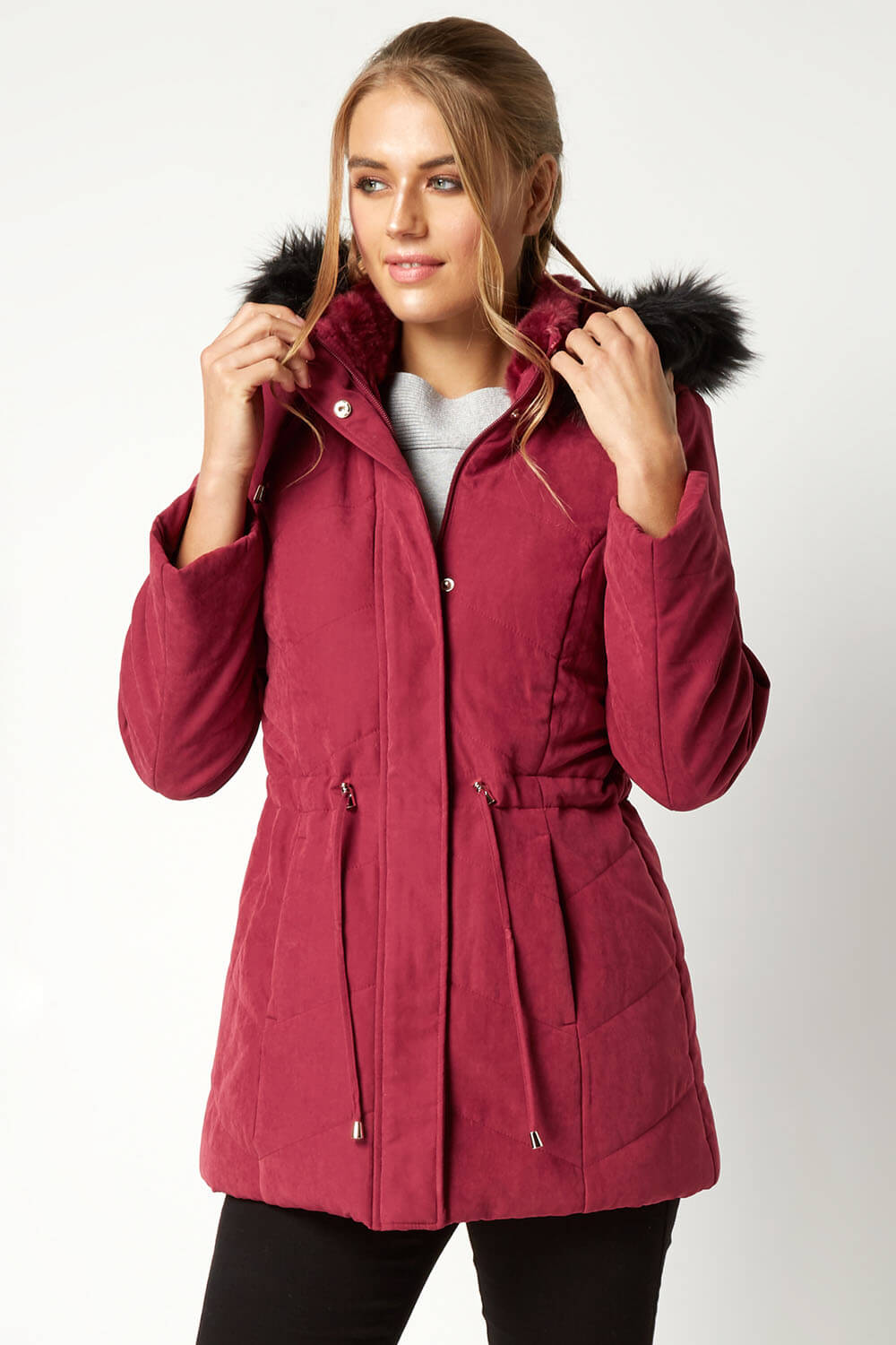 Roman Originals Faux Fur Trim Microfibre Coat in Boredeaux