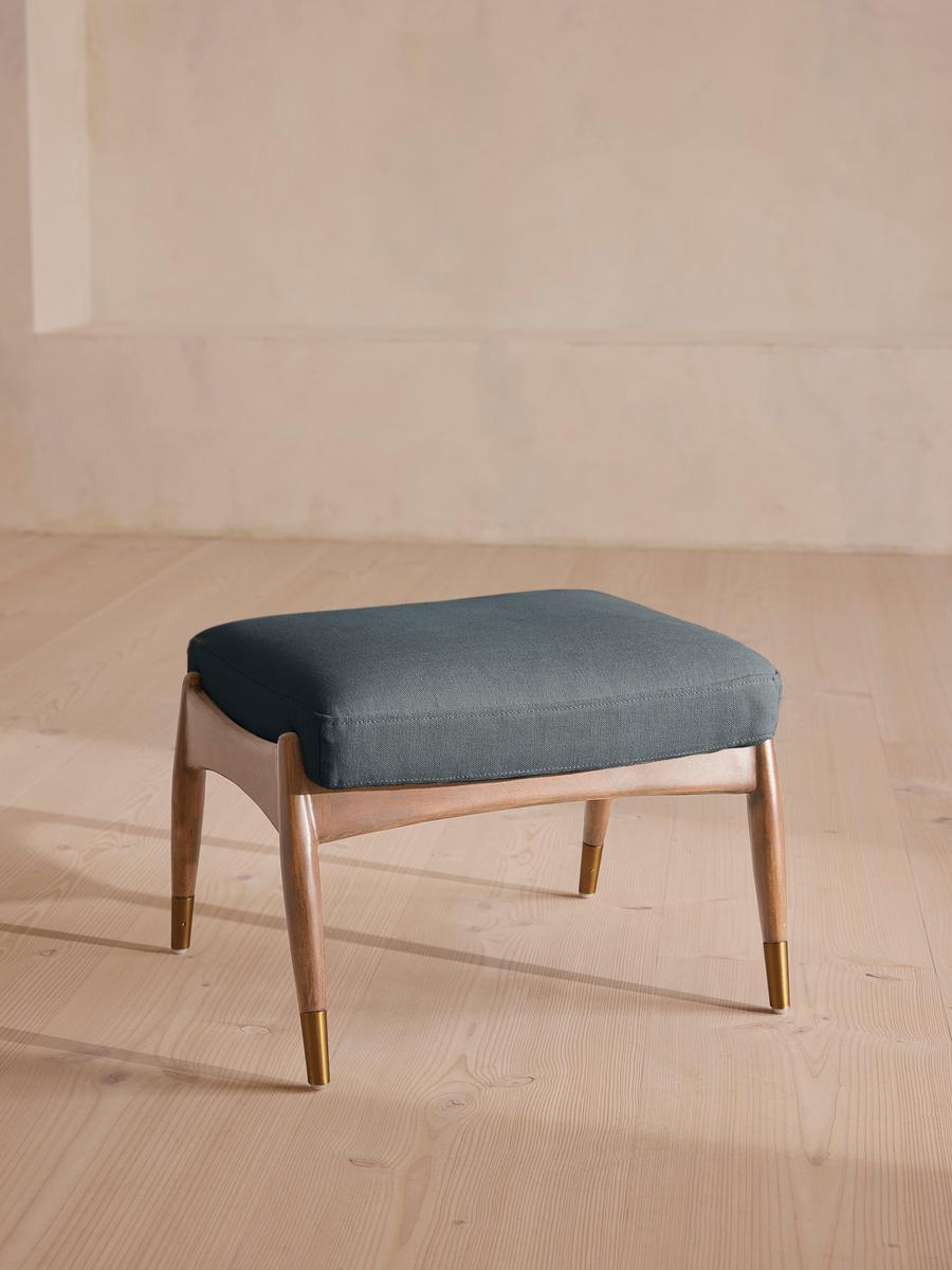 Theodore Oak Footstool, Linen, Prussian Blue