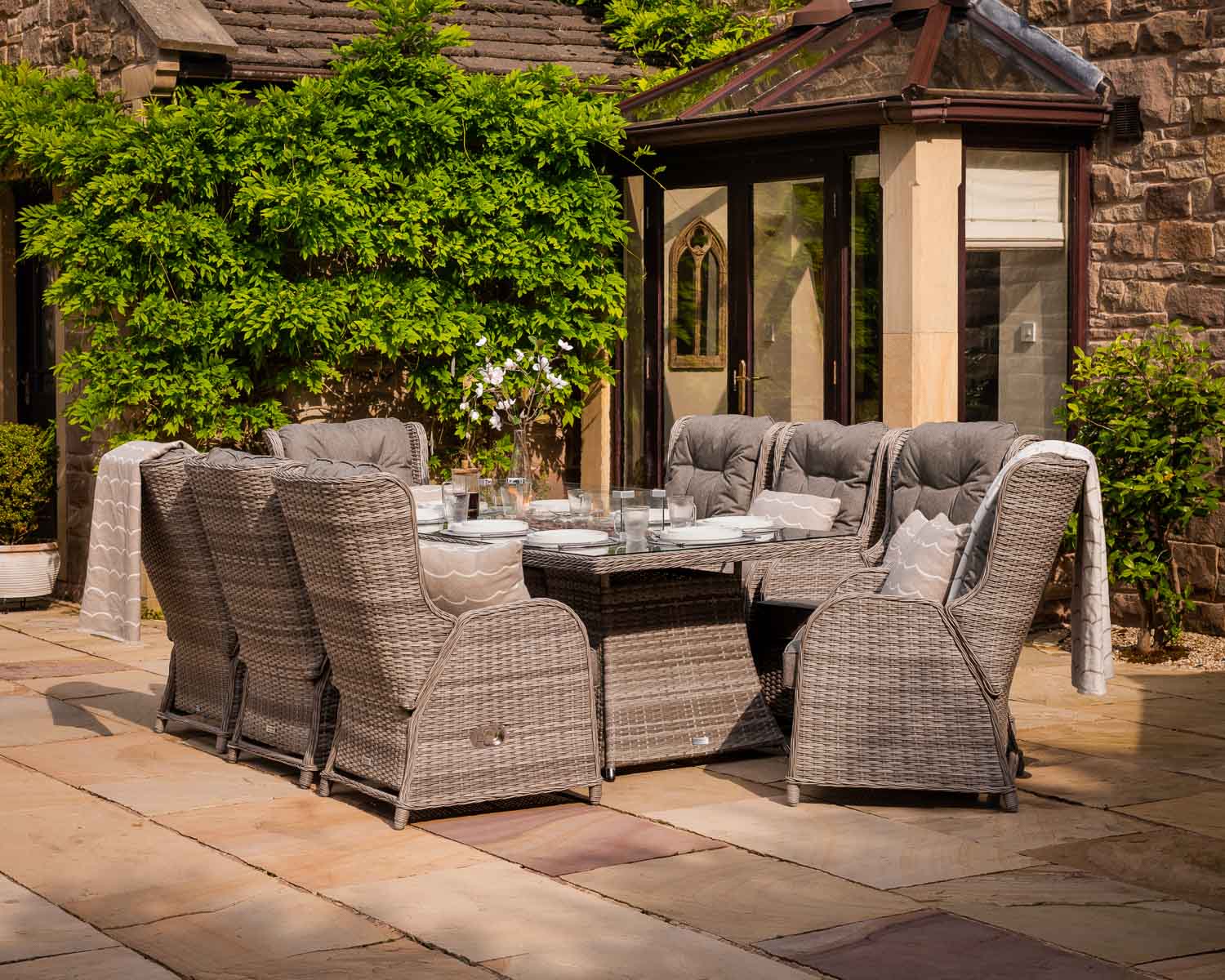 Rattan Direct Fiji 6 Reclining Rattan Garden Chairs &amp; Large Rectangular Fire Pit Dining Table in Grey