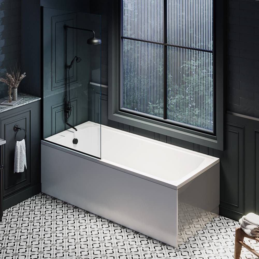 HudsonReed Milano Richmond - 1700mm x 700mm Traditional Single Ended Shower Bath with Black Bath Screen and Side Panel