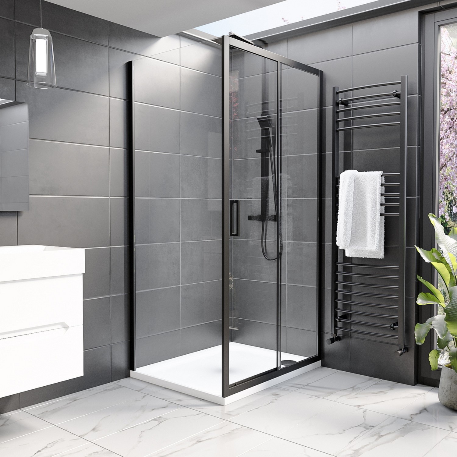 Pavo 1200x800mm Black Rectangular Sliding Shower Enclosure with Shower Tray -