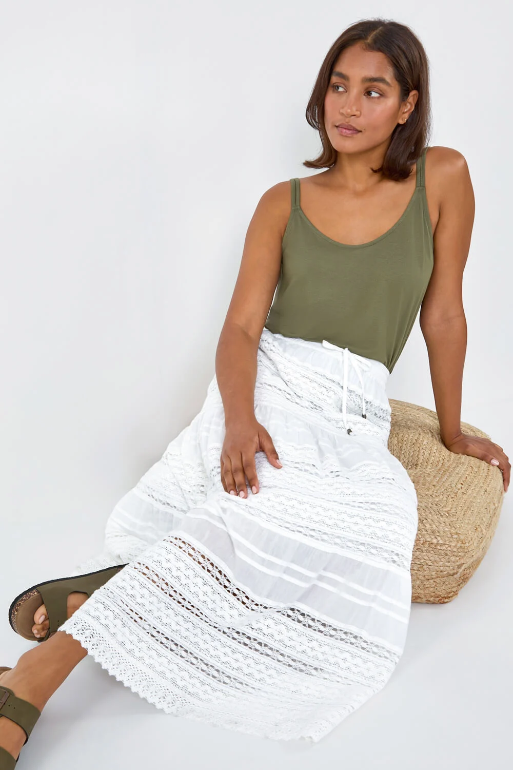  Lace Detail Cotton Maxi Skirt in White