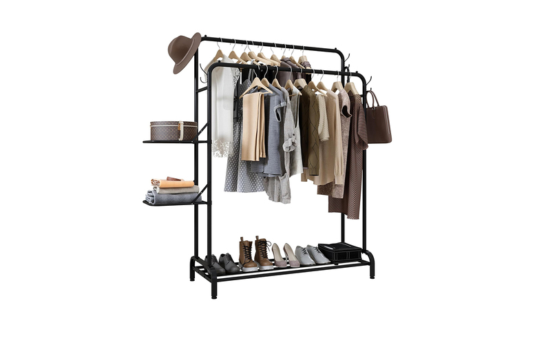 Klass Home Collection Heavy Duty Double Clothes Rail with Shoe Racks and Storage Shelves - Black
