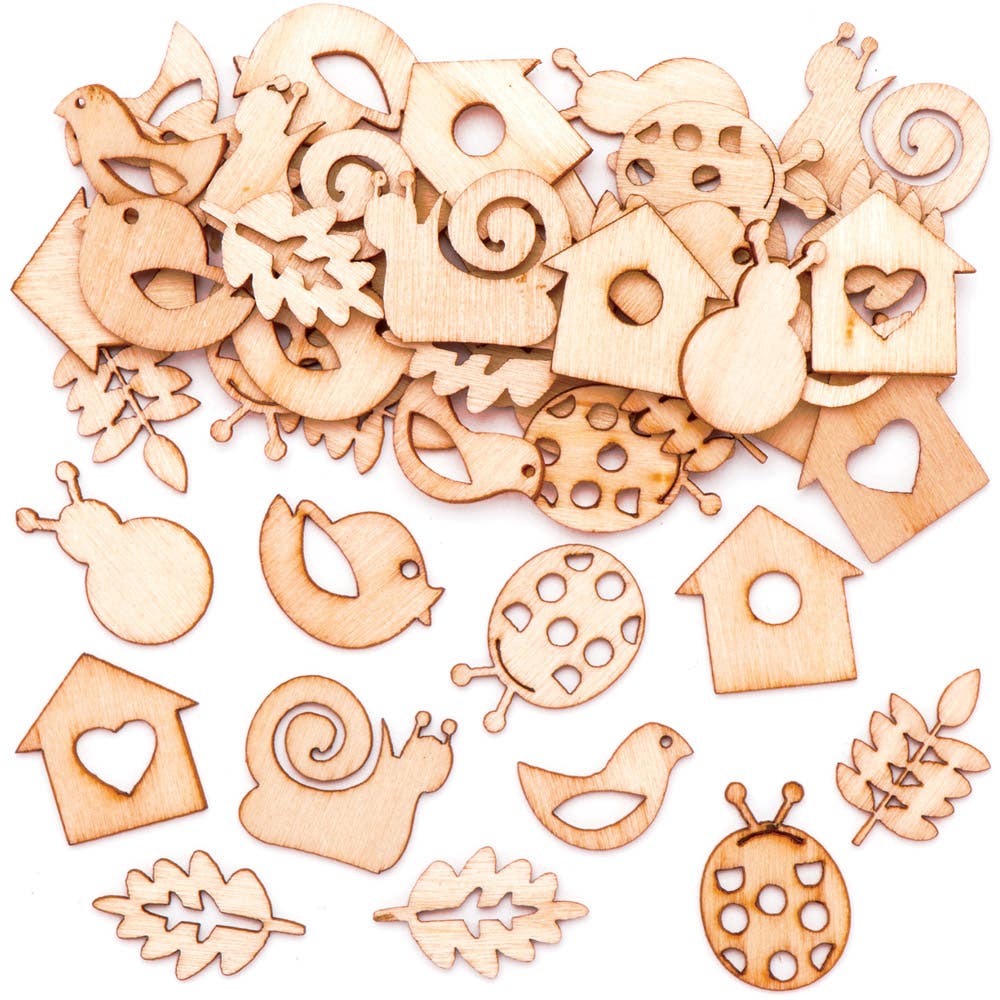 Baker Ross Mini In The Garden Wooden Shapes - 45 Laser Cut Wooden Shapes In 9 Designs. Wood Cutout Gardening Shapes For Scrapbooking. Size 1.5-2cm.