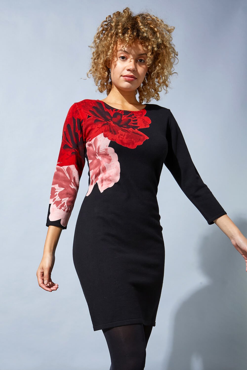 Roman Originals Floral Print Knitted Dress in Black