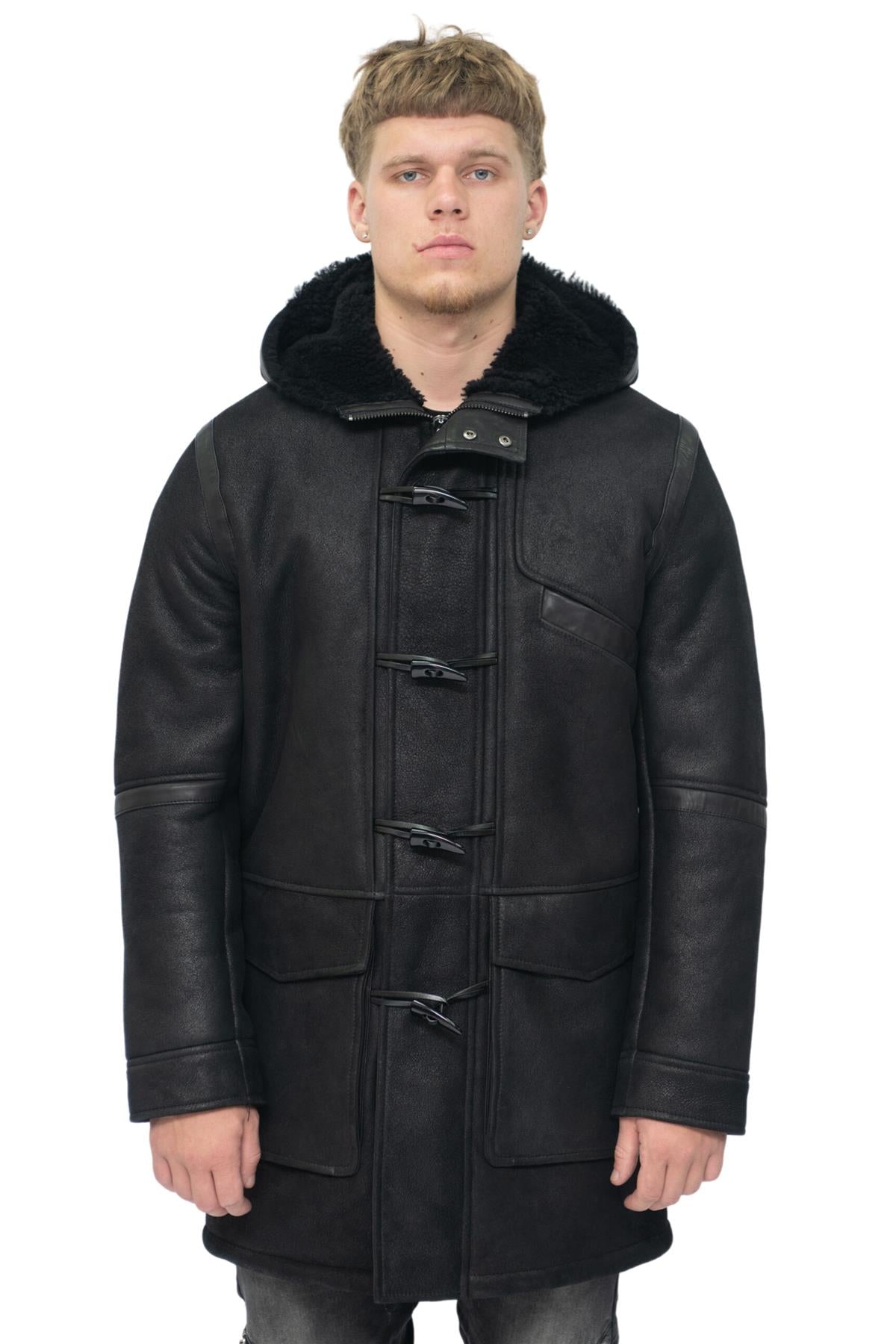 Infinity Leather Mens Winter Sheepskin Hooded Duffle Coat-Montpellier - Black - Size 3XL