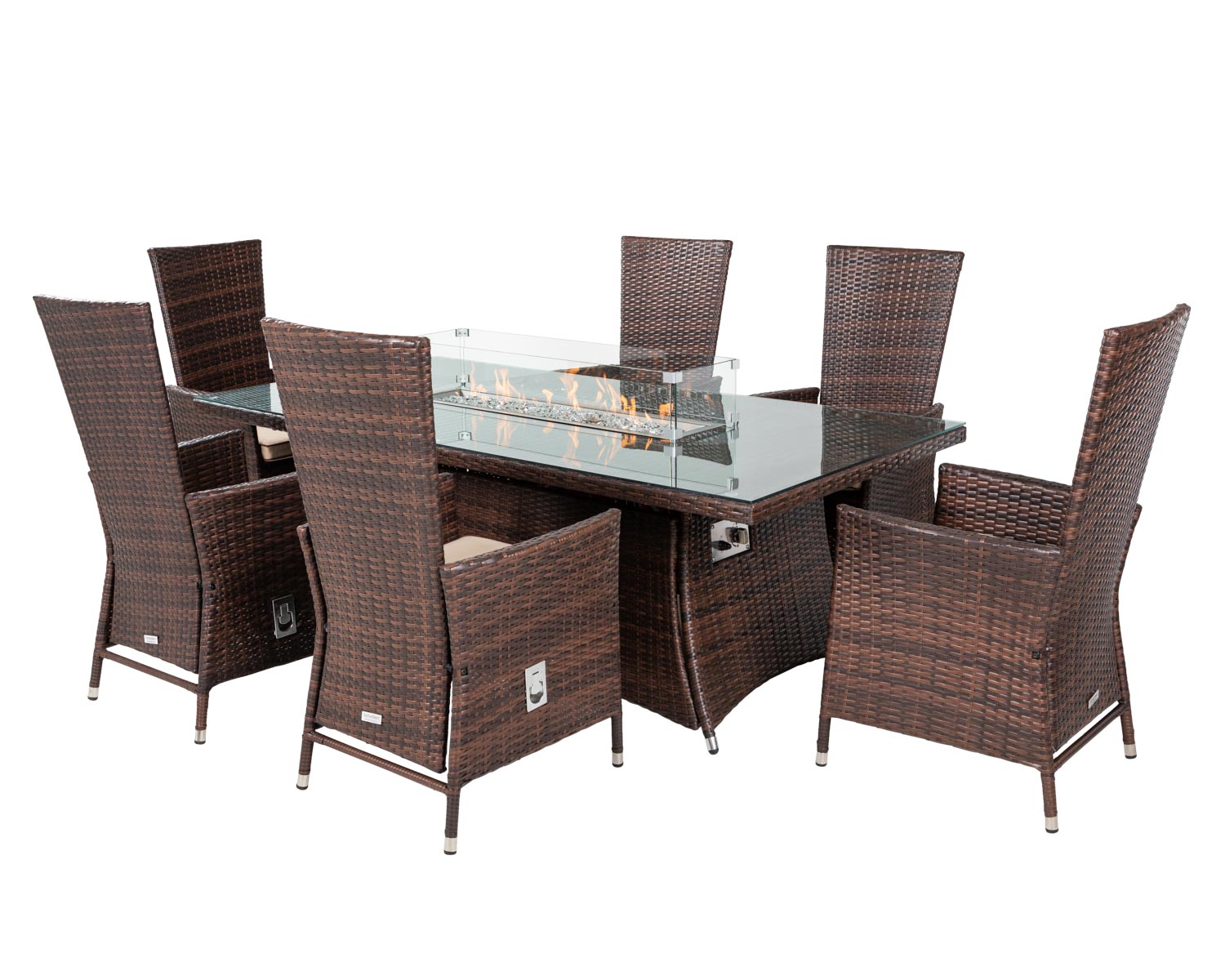 6 Rattan Garden Chairs &amp; Rectangular Fire Pit Table Set in Brown - Cambridge