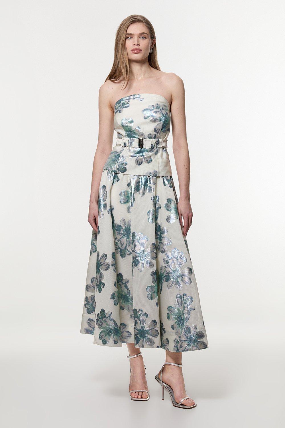Diamante Trim Bodice Detail Metallic Jacquard Prom Dress