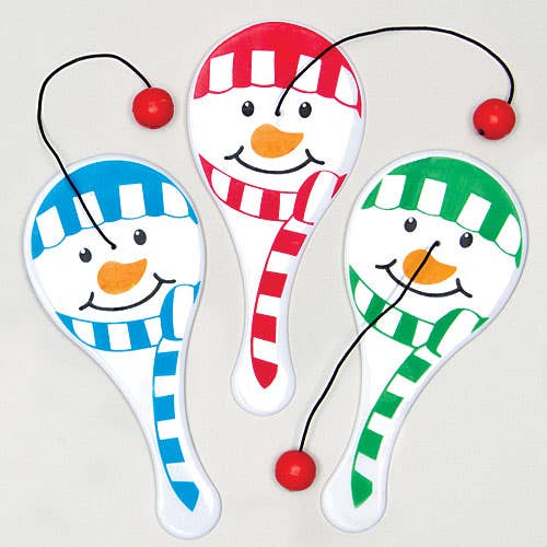 Baker Ross Snowman Biff Bats - 6 Paddle Bats and Balls On Elastic. Snowman Stocking Fillers. Size 12cm.