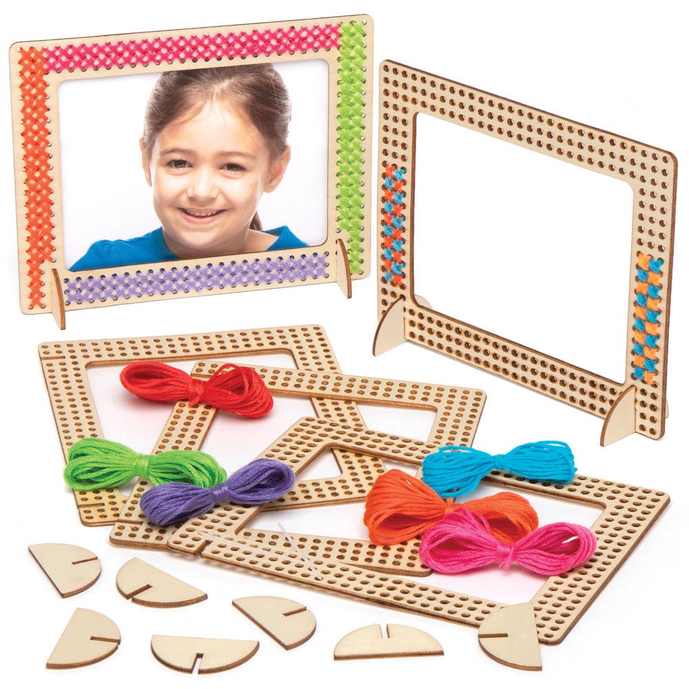 Baker Ross Cross Stitch Picture Frames - 4 Wooden Photo Frames. Decorate Your Own Frames. Aperture Size 10cm x 7.5cm. Overall Size 14cm x 11cm.