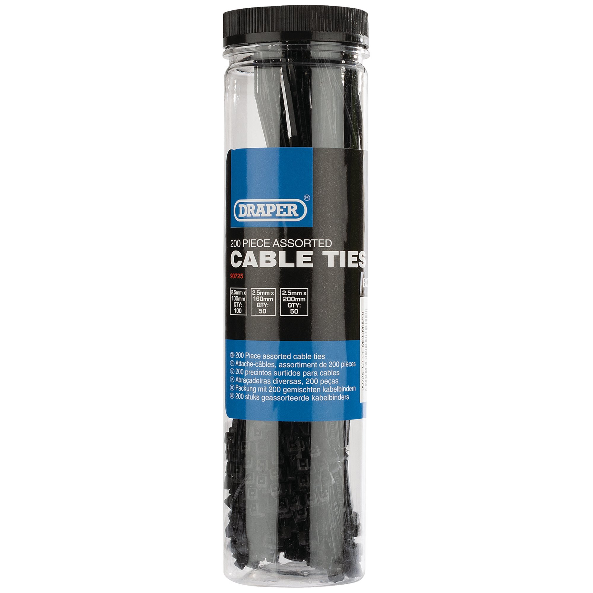 DRAPER Nylon Cable Ties Multi-sizes Black 200 pieces, black
