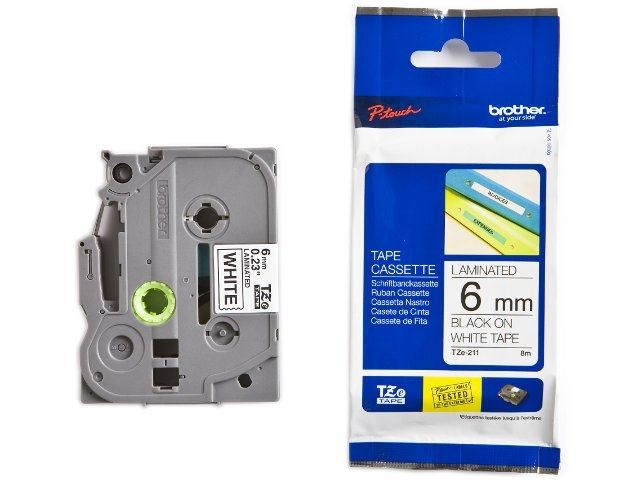 Brother P-touch TZe-211 (6mm x 8m) Black On White Laminated Labelling