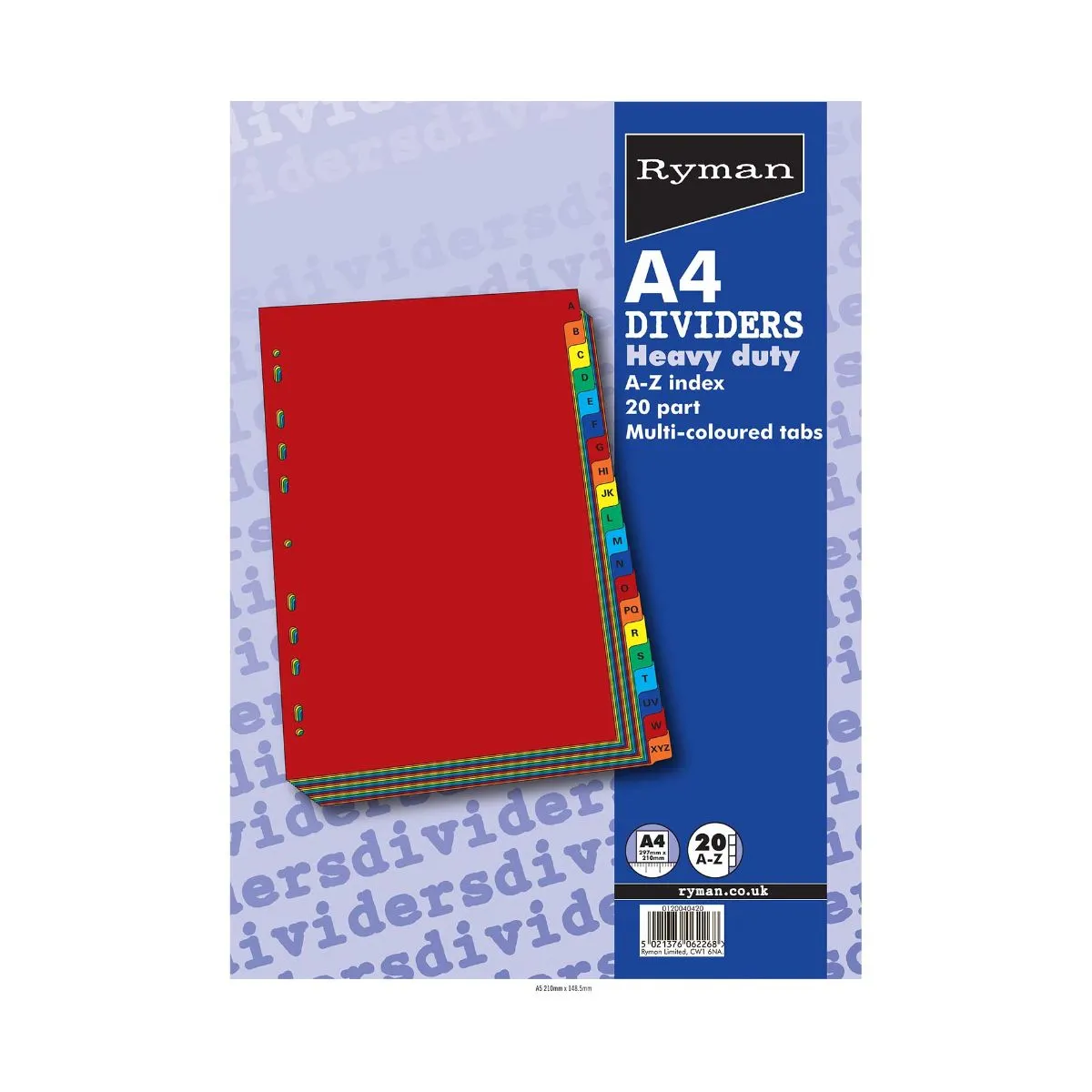 Ryman Tab Dividers Heavy Duty A-Z 20 Part A4 240gsm, Multi