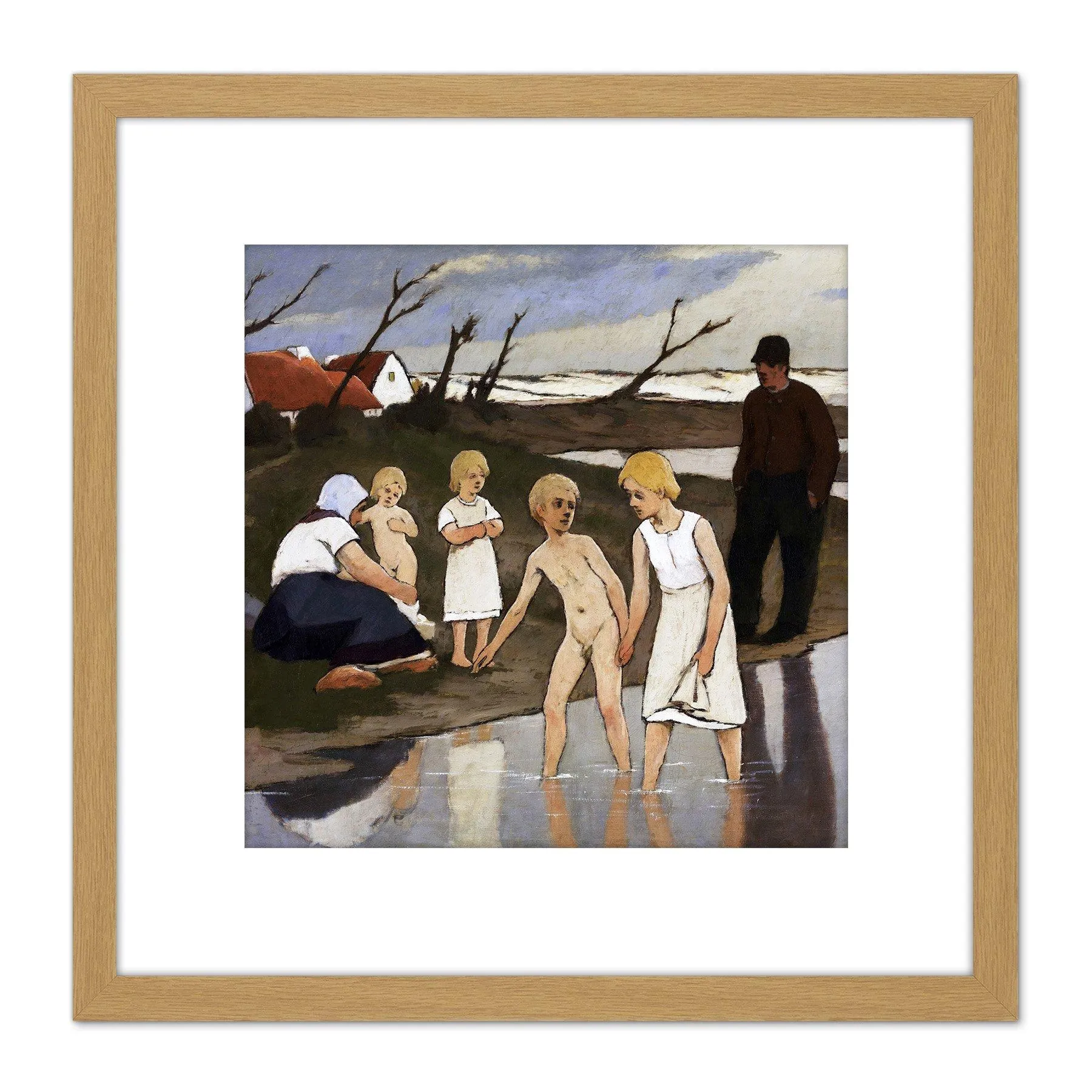 Artery8 Laermans Bathing Children Painting 8X8 Inch Square Wooden Framed Wall Art Print Picture with Mount