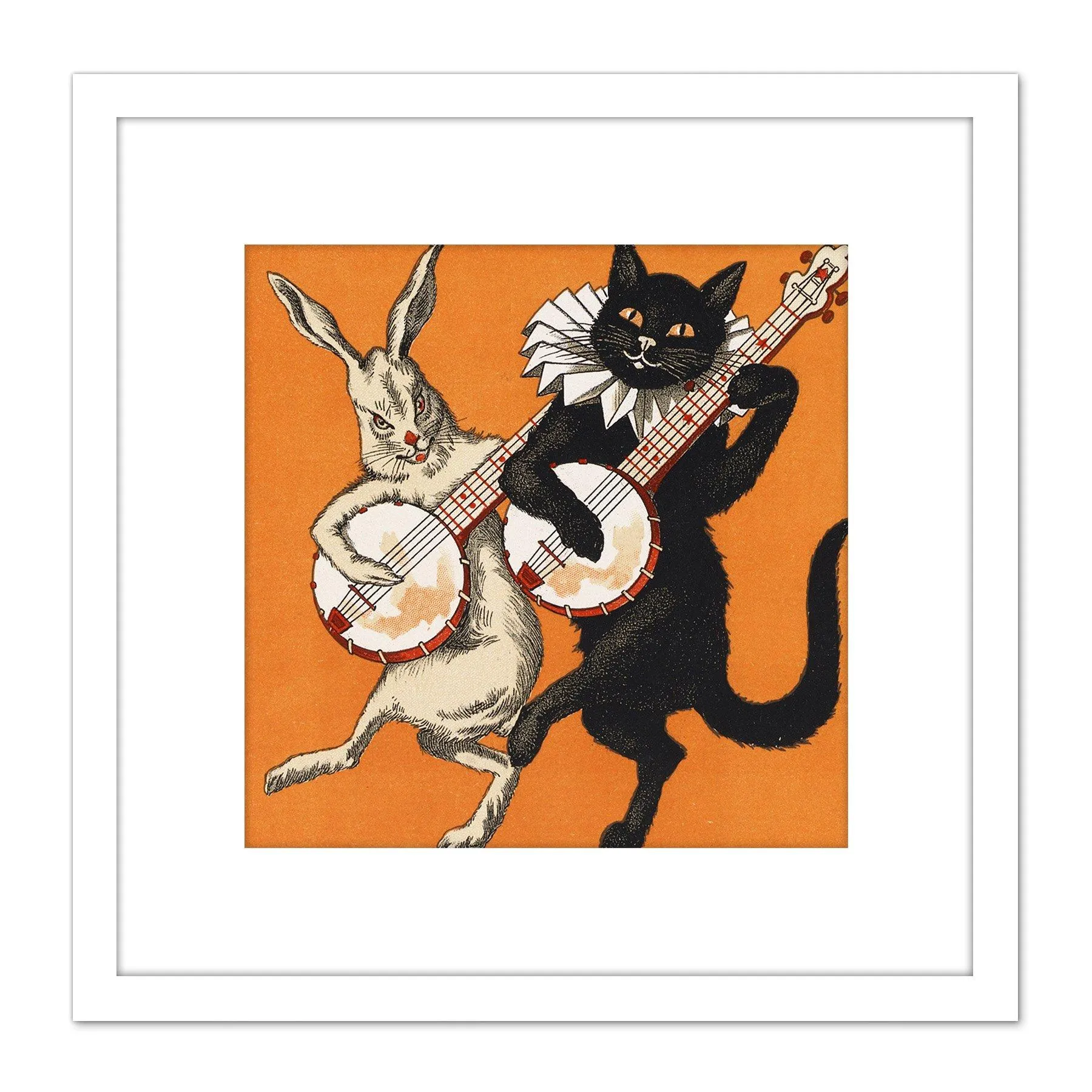 Artery8 Cat And Hare With Banjos 8X8 Inch Square Wooden Framed Wall Art Print Picture with Mount