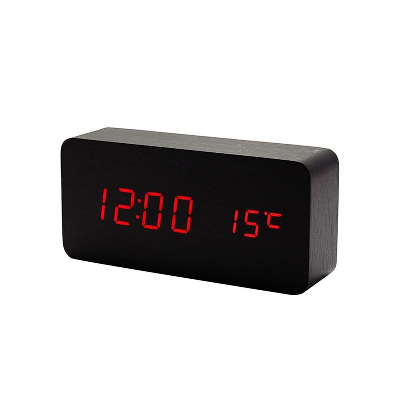 Digitaler LED-Wecker mit Holzdesign - Schwarz / Rot