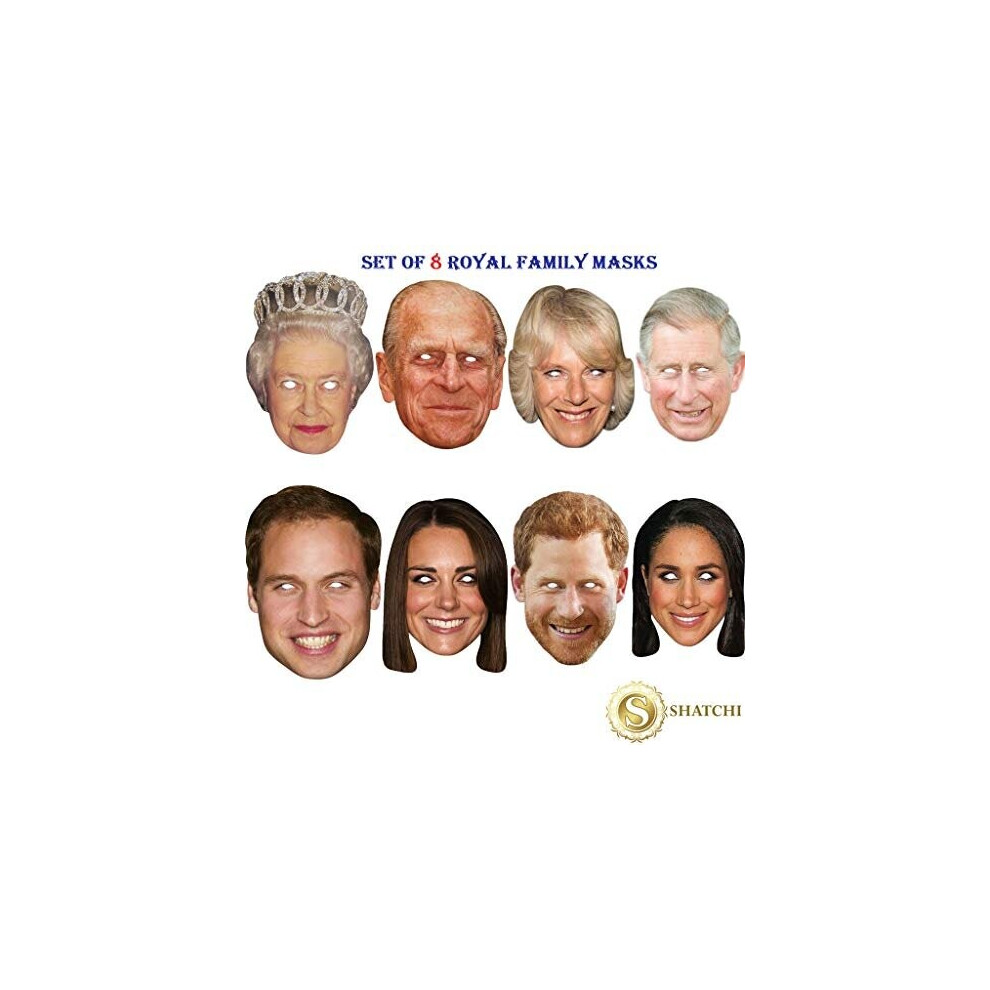 SHATCHI 8 Pack Royal Family Jubilee - Queen Phillip Kate William Harry Charles Camilla Meghan Face Masks