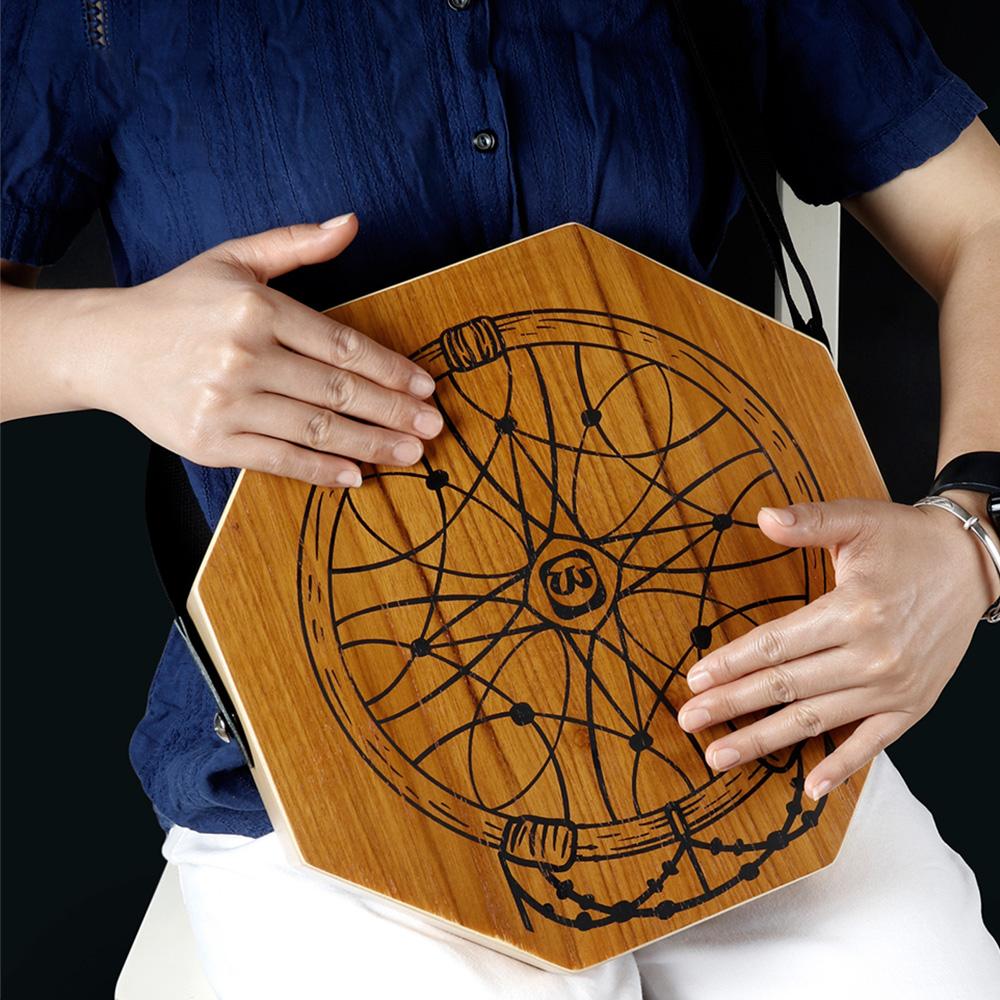 TOMTOP JMS Cajon Wooden Drum 2-tone Flat Hand Drum Log Color Percussion Instrument with Adjustable Strap