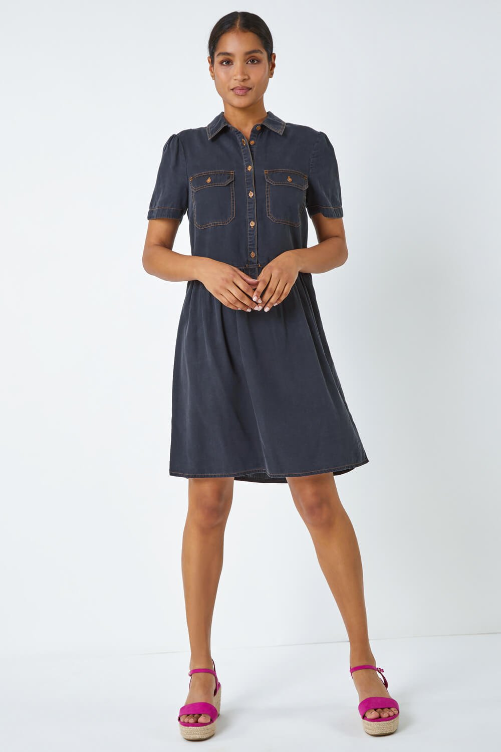 Roman Originals Denim Skater Shirt Dress in Black