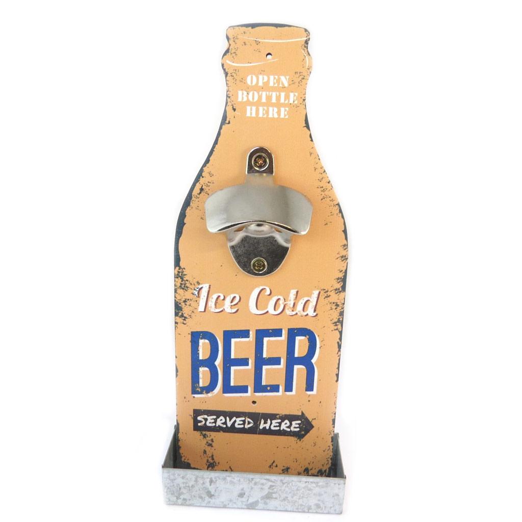  [P2076] - Wooden wall bottle opener 'Beer' beige (Ice cold beer served here) - 30x12 cm orange